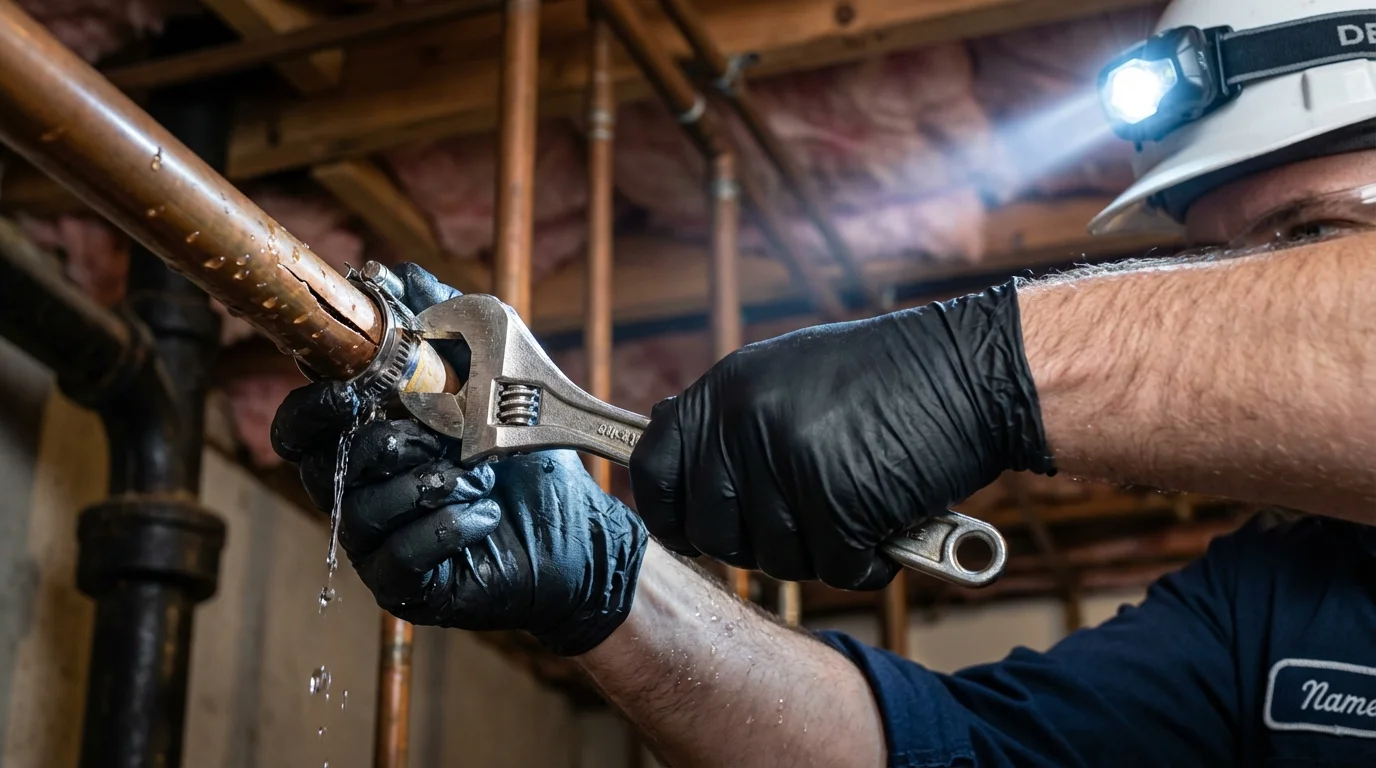 Emergency pipe clamp repair being performed by a Johns Plumbing LLC plumber in Beaver