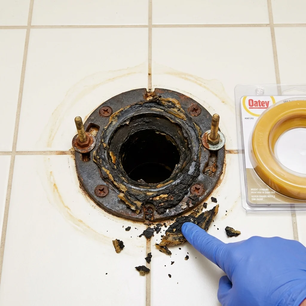 Failed wax ring showing water seepage at the base of a toilet in a Beaver, OK home