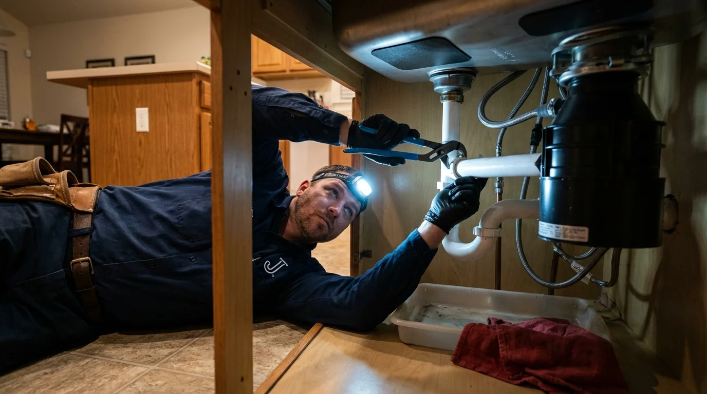 P-trap and supply line connections under a kitchen sink showing a common leak point in Beaver, OK